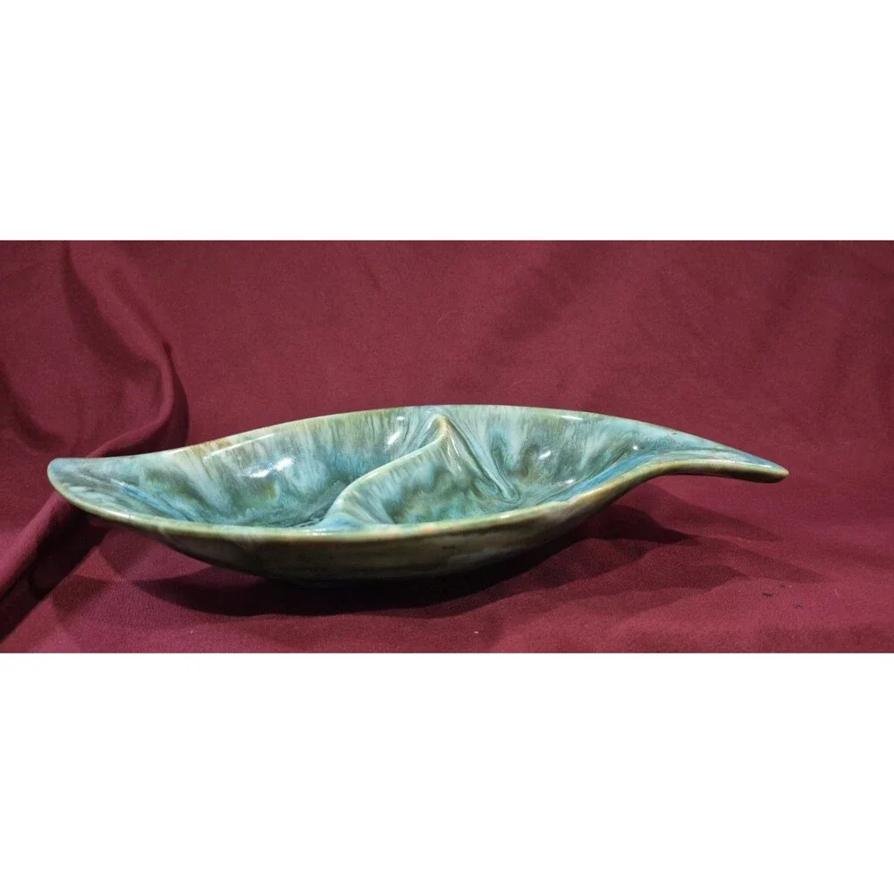 MCM Vintage Green Turquoise Drip Glaze Leaf Dish Ceramic Divided Platter READ